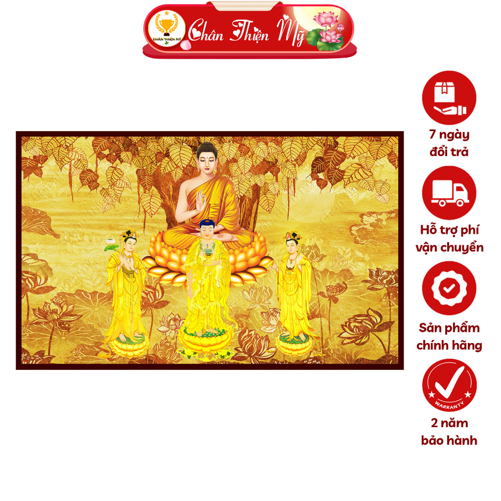 Hào Quang Phật Tây Phương Tam Thánh In Tranh Trúc Chỉ Ngang CHÂN THIỆN MỸ, Trang Trí Bàn Thờ, Treo Phòng Thờ TC-TN-101