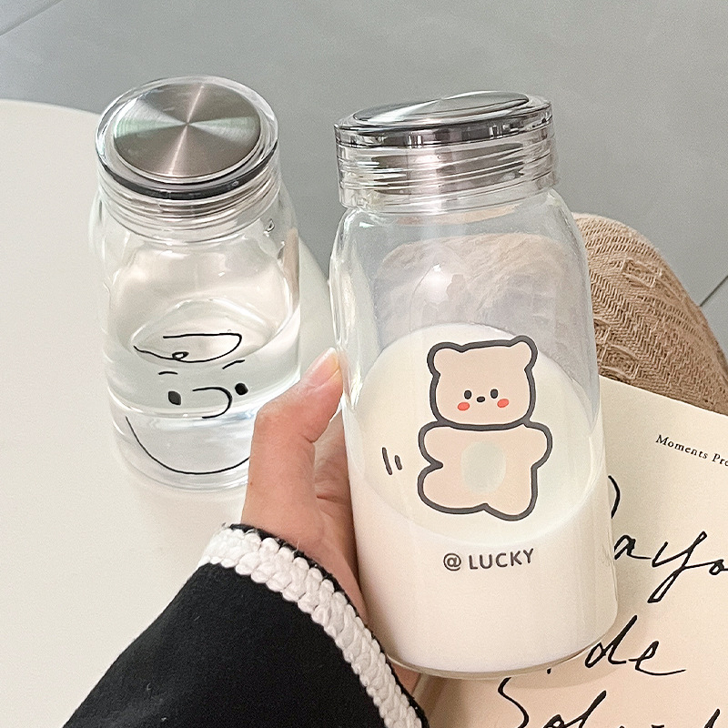 Bình nước thủy tinh dễ thương 450ml hình gấu cao cấp chịu nhiệt - Bình đựng nước, Bình sữa học sinh