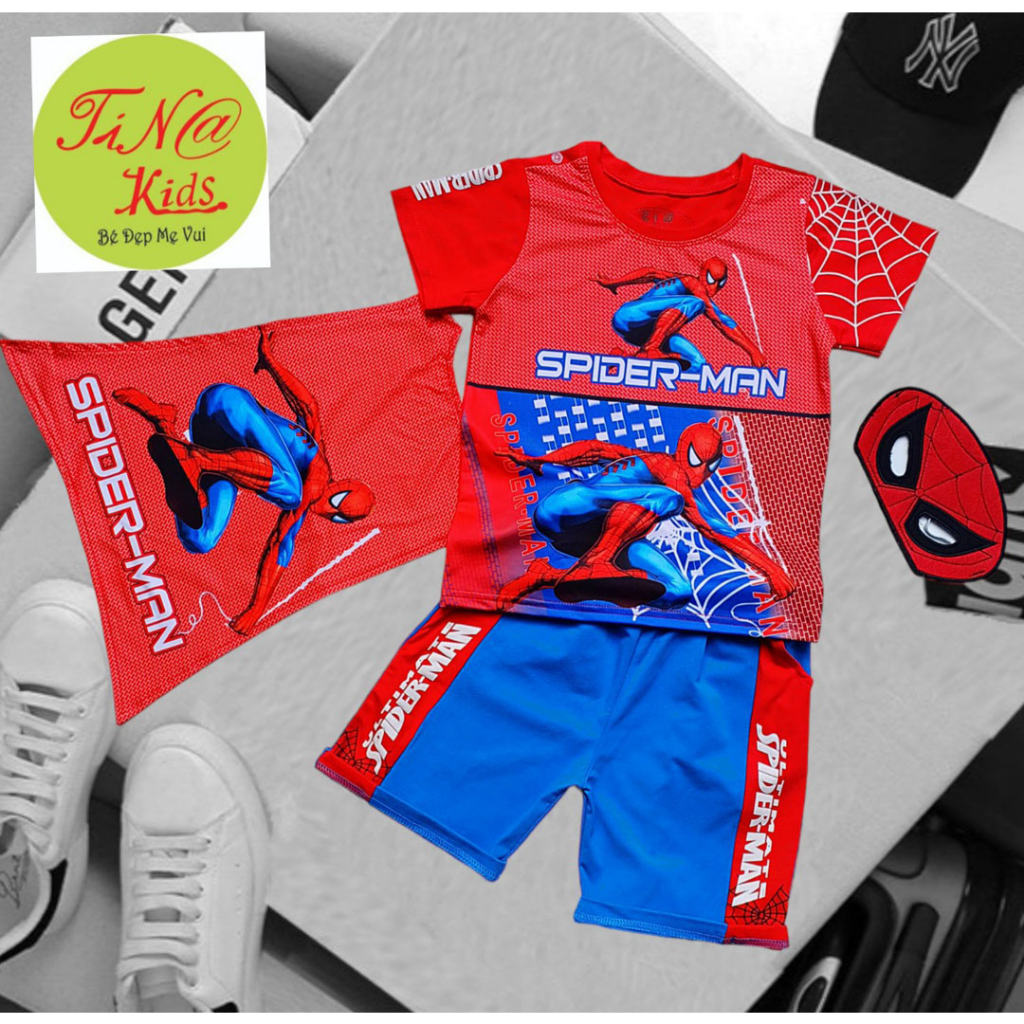 Bộ thun cotton người nhện spiderman kèm mặt nạ và khăn choàng bay bay cho bé trai