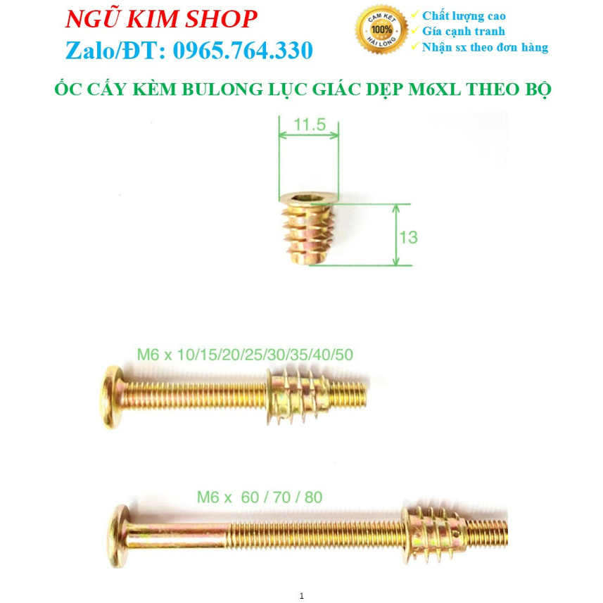 ỐC CẤY KÈM BULONG LỤC GIÁC DẸP M6 x L THEO BỘ