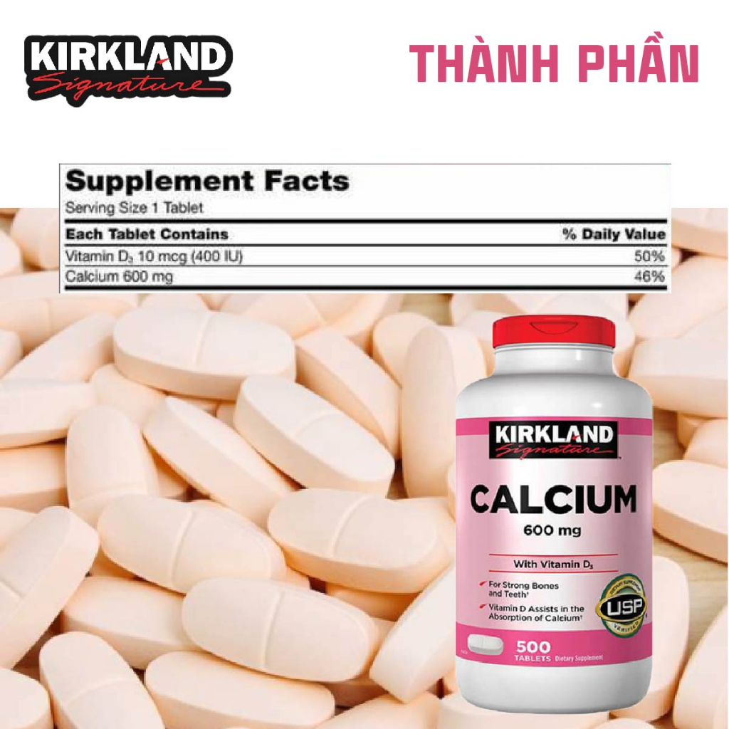Viên uống bổ sung canxi Kirkland Signature Calcium 600mg + D3 giúp xương chắc khỏe, phòng chống loãng xương 500 viêN