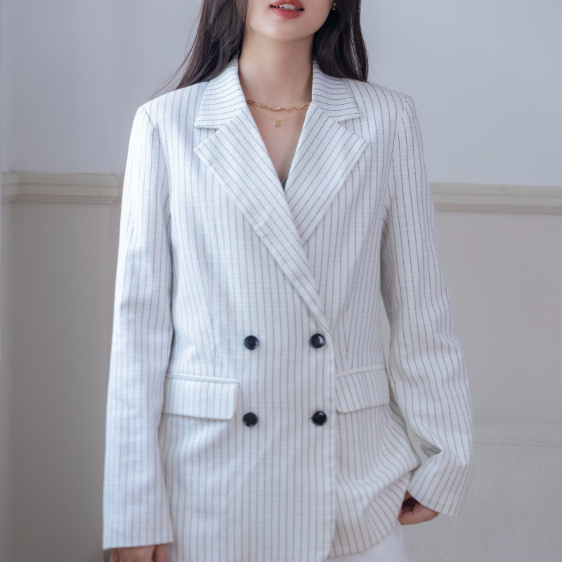 Áo vest nữ blazer KHÀN sọc kẻ màu trắng khoác công sở thời thượng 4 nút 2 lớp phong cách Hàn Quốc