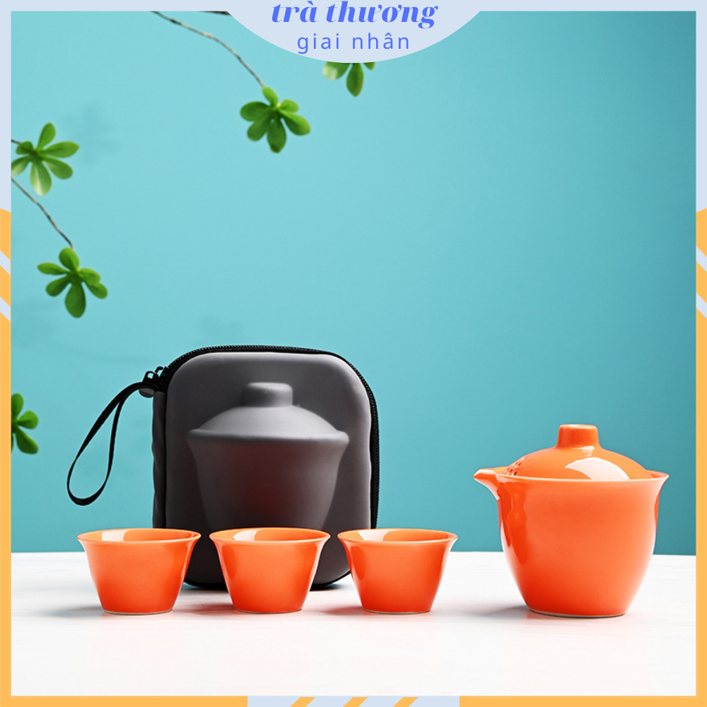 Bộ ấm chén pha trà bằng sứ [có kèm túi du lịch chống va đập]