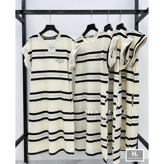 Váy suông kẻ ngang tay hến, đầm thun cotton dáng dài trắng kẻ đen form rộng