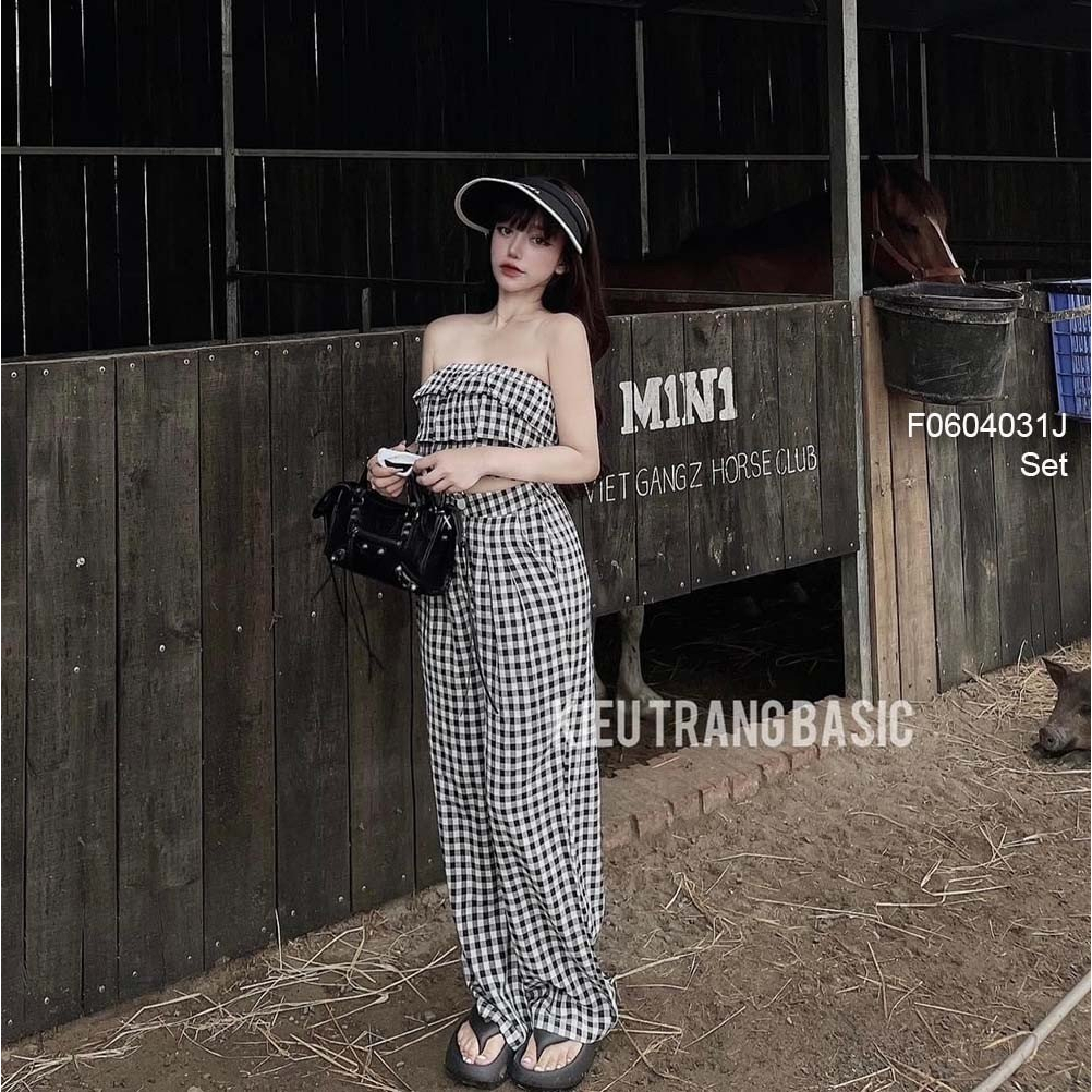 Set bộ 2 món caro áo kiểu quây dáng croptop bèo tầng kèm quần suông!