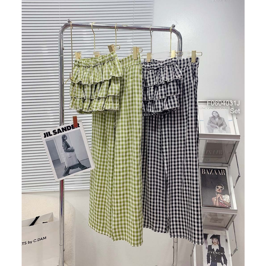 Set bộ 2 món caro áo kiểu quây dáng croptop bèo tầng kèm quần suông!
