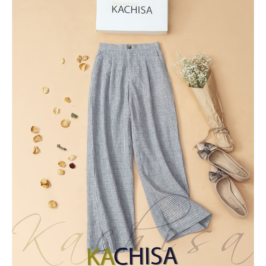 Quần ống suông nữ trung niên cao cấp Linen basic sọc nhỏ, lưng nửa thun cạp cao thoải mái - Thời trang KACHISA 1040SQE