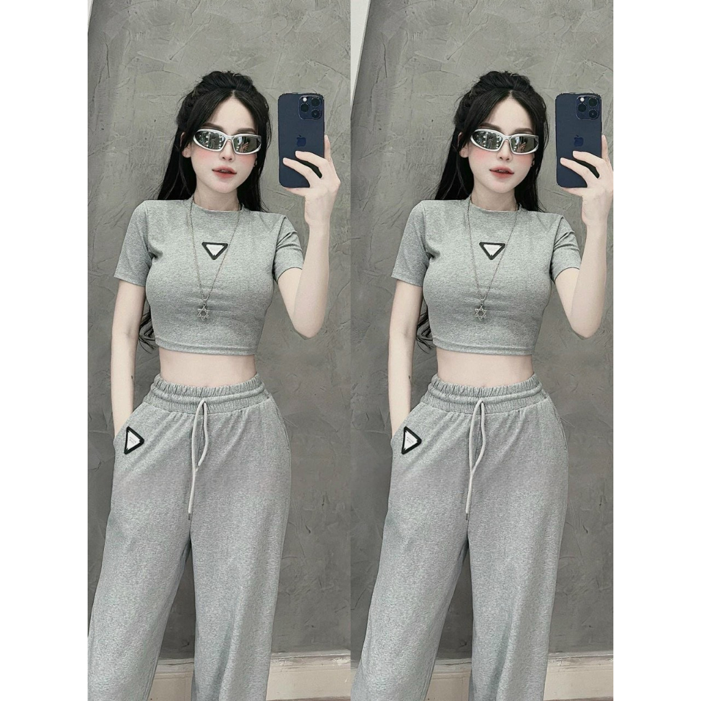 Set bộ thun len tăm họa tiết hình tam giác áo tay ngắn croptop mix quần ống rộng tôn dáng, phù hợp cho các nàng đi chơi