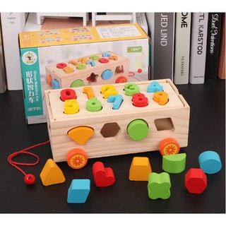 Đồ Chơi Giáo Dục Xe Kéo Thả Hình Và Số Giúp Bé Học Hình Khối Màu Sắc Và Số Đếm