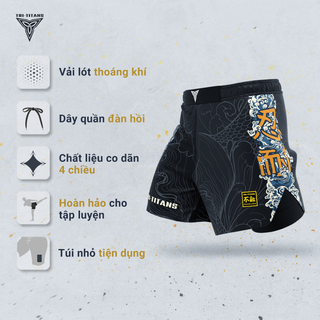 Tri Titans Quần Fight Shorts 2 lớp Unisex Brazilian Jiu Jitsu, BJJ, MMA, No-Gi Grappling