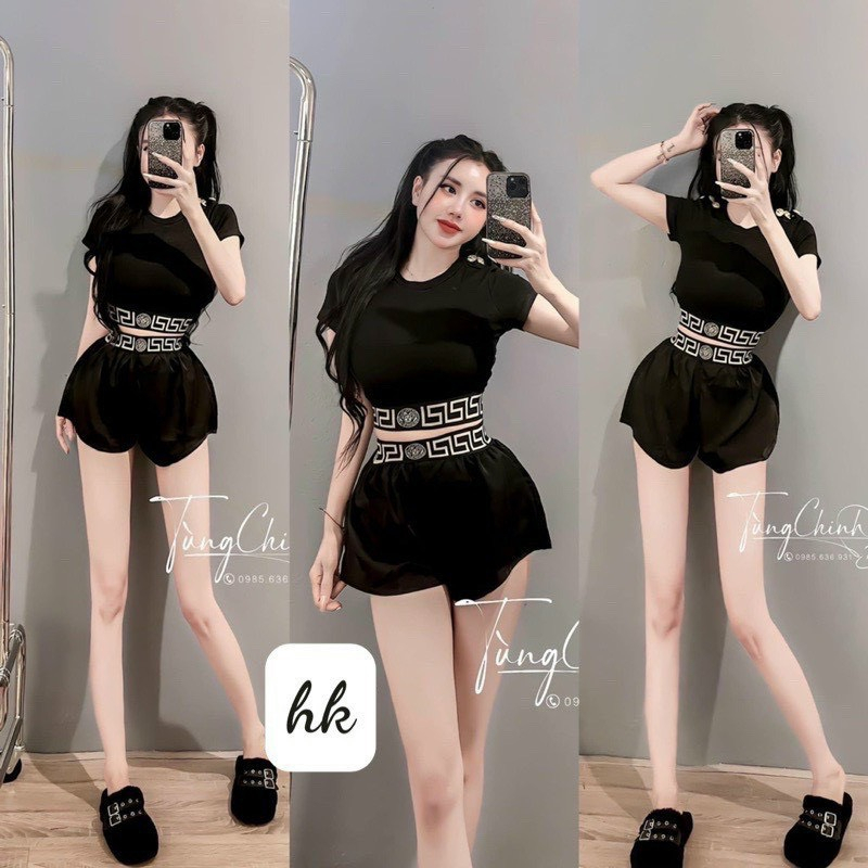 Set bộ đồ nữ thun dẻo áo tay ngắn phối viền họa tiết trên vai mix quần cộc cạp cao siêu sang chảnh, quý phái tone đen