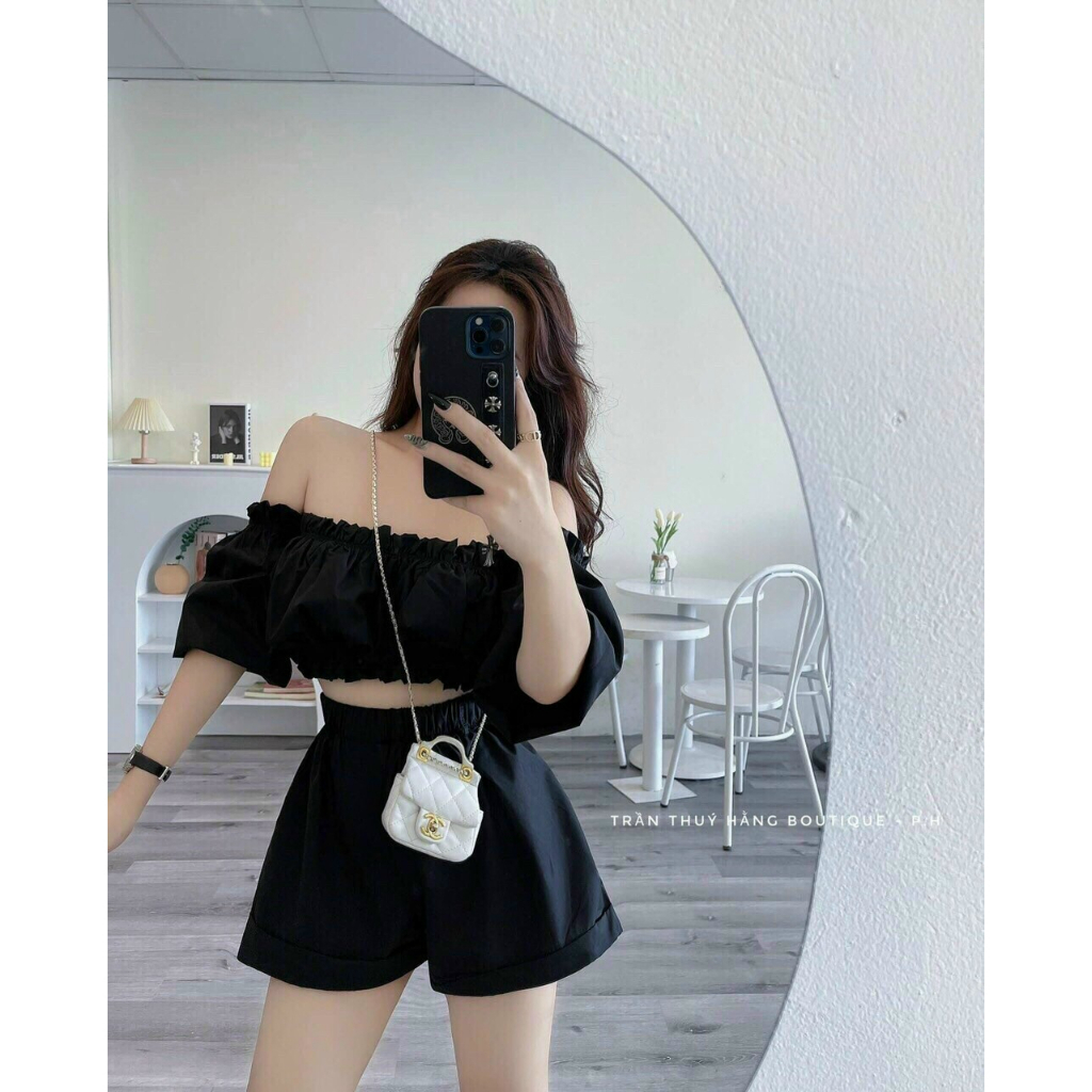 [5.5 Sales Freeship] Set bộ tiểu thư đi biển, set áo trễ vai tay phồng croptop mix quần short đùi đi chơi dễ thương mtb