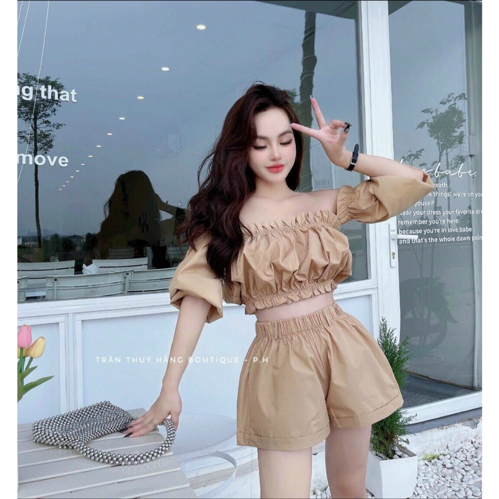[5.5 Sales Freeship] Set bộ tiểu thư đi biển, set áo trễ vai tay phồng croptop mix quần short đùi đi chơi dễ thương mtb
