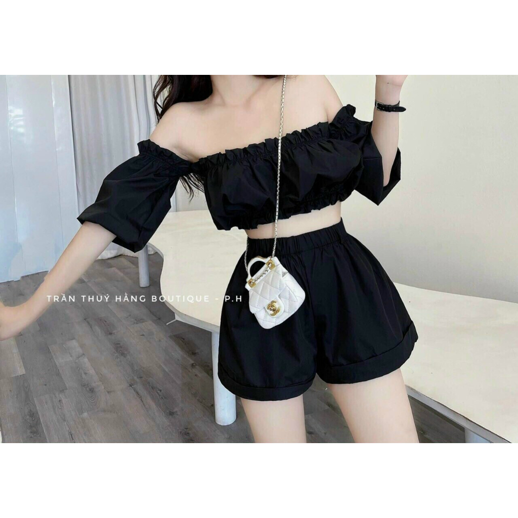 [5.5 Sales Freeship] Set bộ tiểu thư đi biển, set áo trễ vai tay phồng croptop mix quần short đùi đi chơi dễ thương mtb