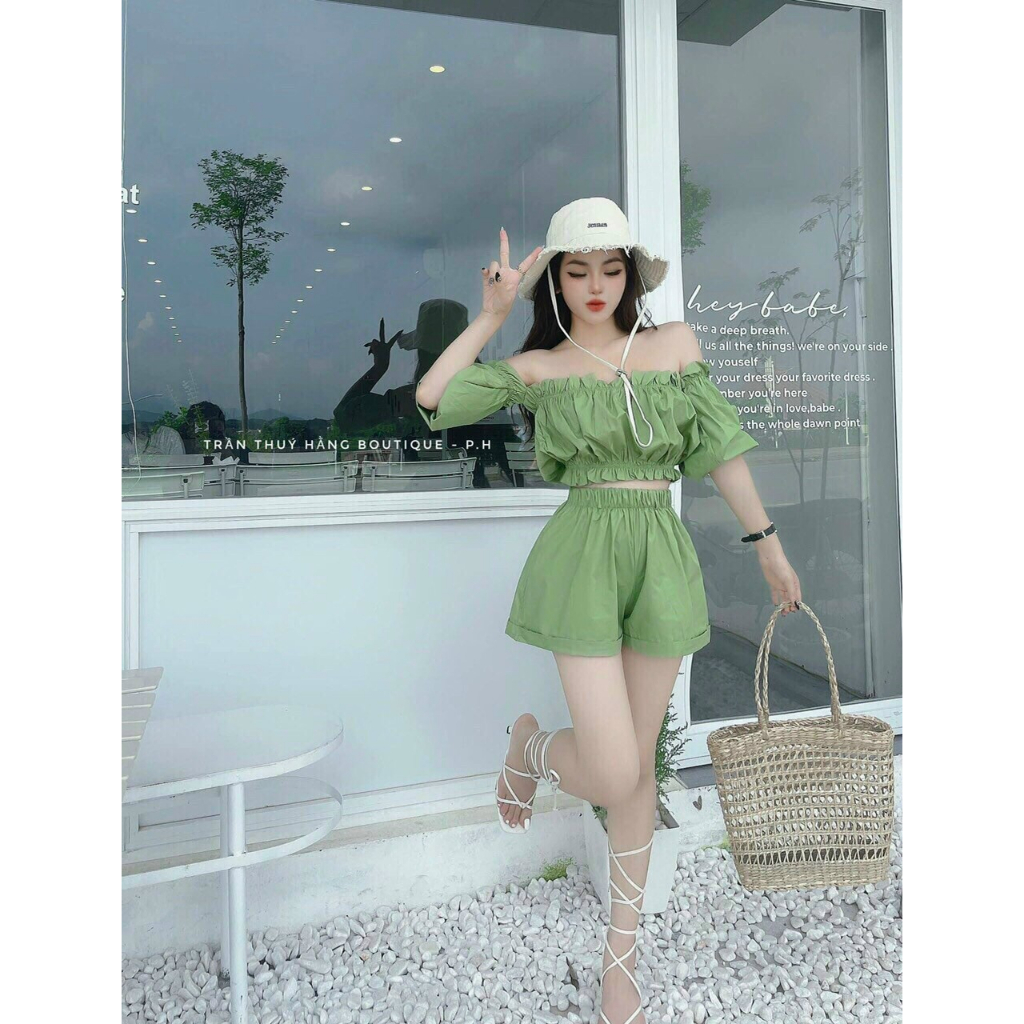 [5.5 Sales Freeship] Set bộ tiểu thư đi biển, set áo trễ vai tay phồng croptop mix quần short đùi đi chơi dễ thương mtb