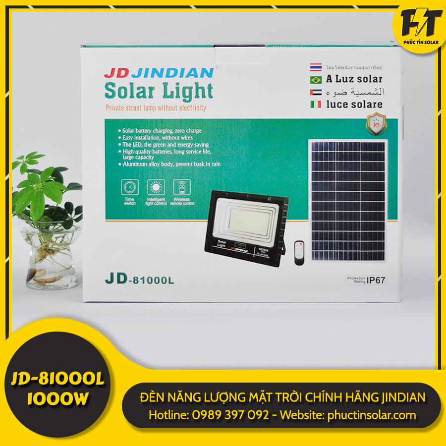 Đèn Năng Lượng Mặt Trời 1000w JD-81000L Siêu Sáng Cao Cấp Jindian - Cảm biến ánh sáng thông minh - Vỏ nhôm chống nước