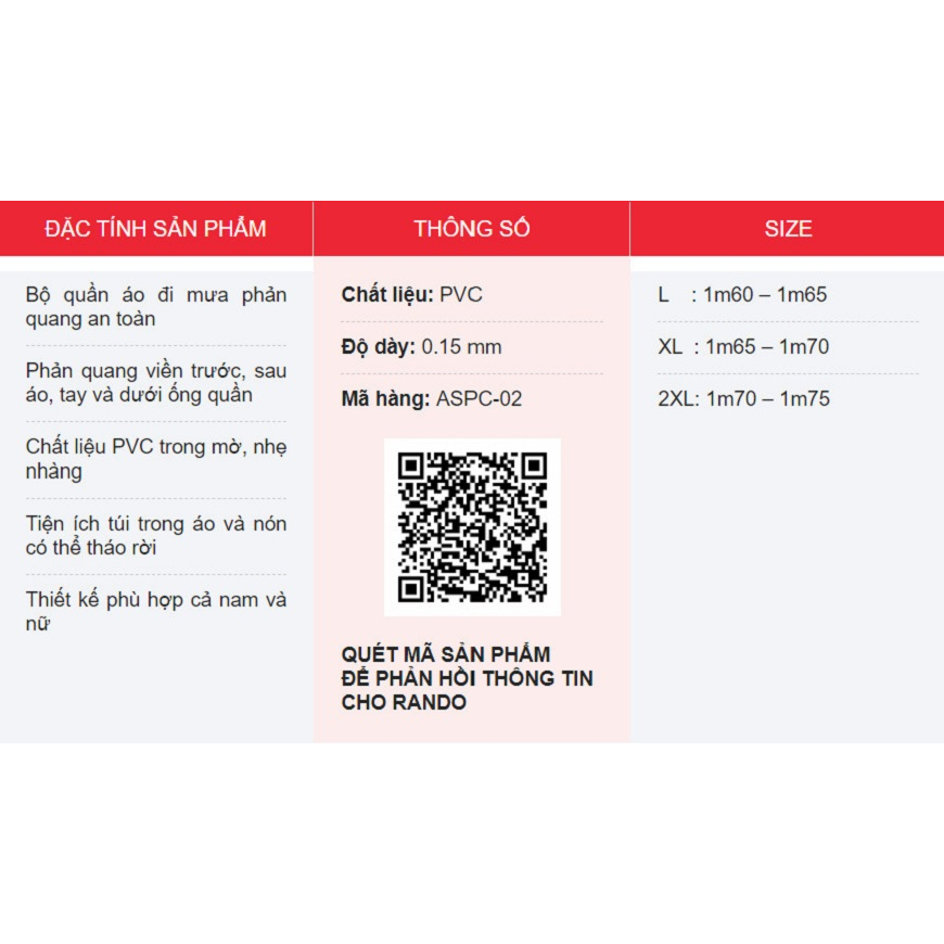 BỘ ÁO MƯA TRONG MÀU PHẢN QUANG_CHÍNH HÃNG RANDO