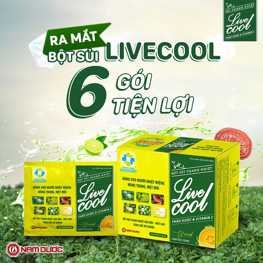 Bột sủi thanh nhiệt Livecool Nam Dược hương dưa gang hộp 6 gói x7g hỗ trợ giảm nhiệt miệng nóng trong,giải độc,mát gan