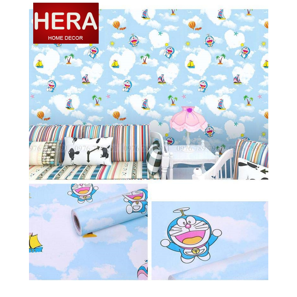 Giấy dán tường phòng ngủ hoạt hình doreamon mây xanh 3d có keo sẵn 10m cute cho bé trai bé gái Hera