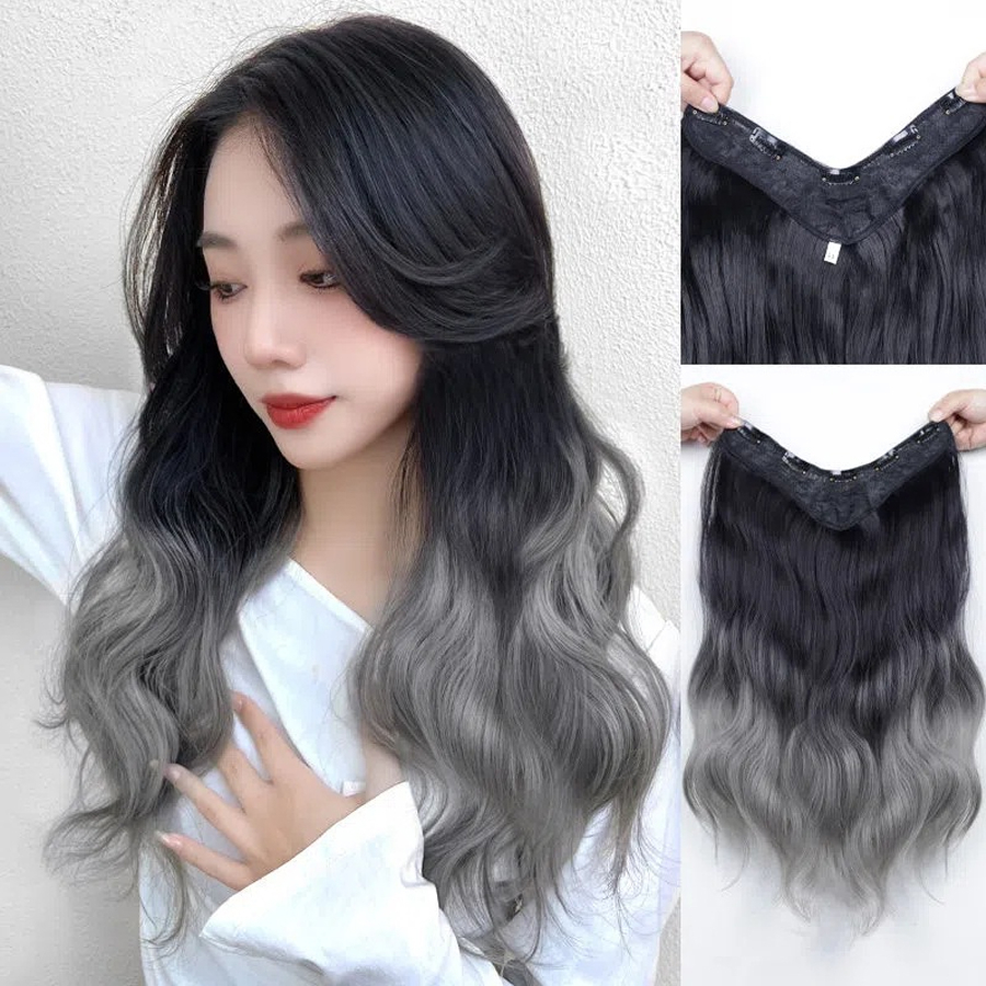 Tóc Giả Kẹp Xoăn Sóng Light Xám Khói, Tóc Kẹp Dải U Xoăn Nửa Đầu Cho Nữ Thời Trang
