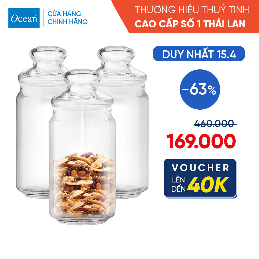 Bộ 3 hũ thủy tinh Ocean Pop Jar 750ml nắp kính