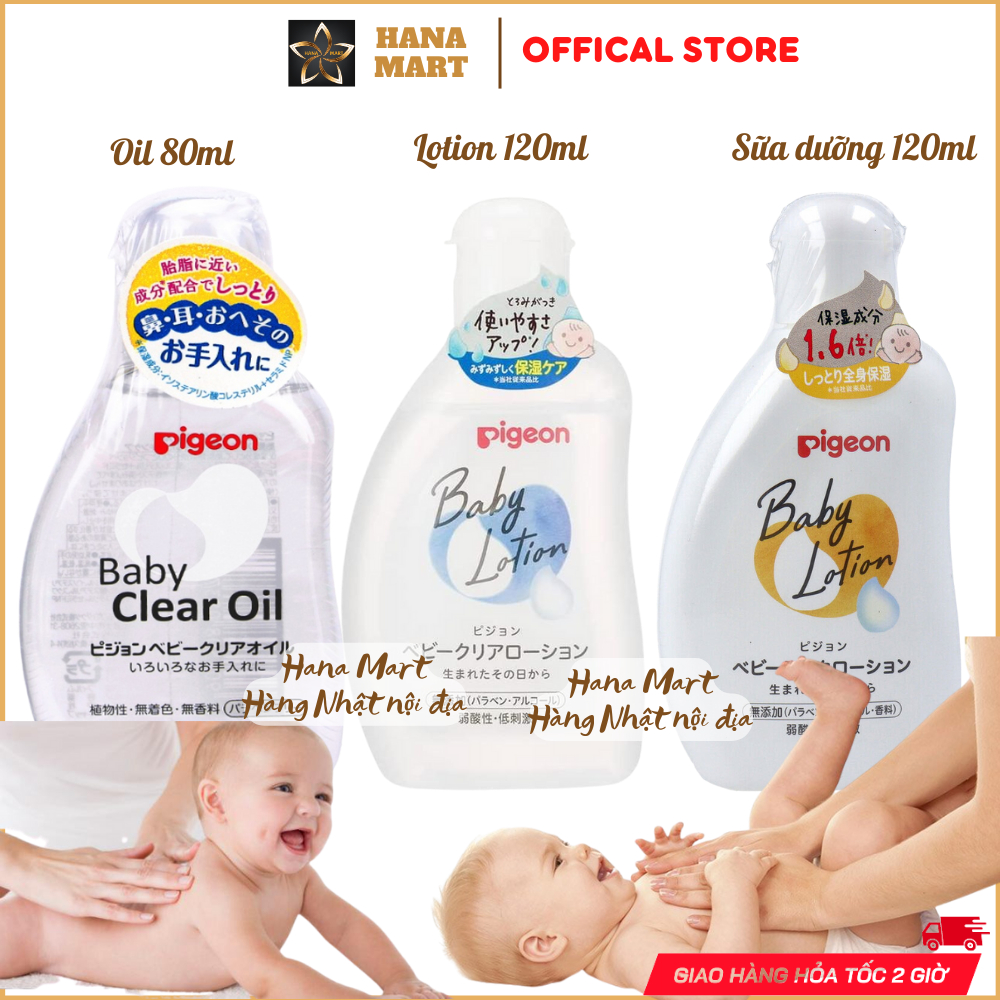 Dầu dưỡng da, Sữa, Baby Lotion dưỡng da Pigeon Baby Clear Oil Massage Body em bé 80ml Baby Clear 120ml nội địa Nhật Bản