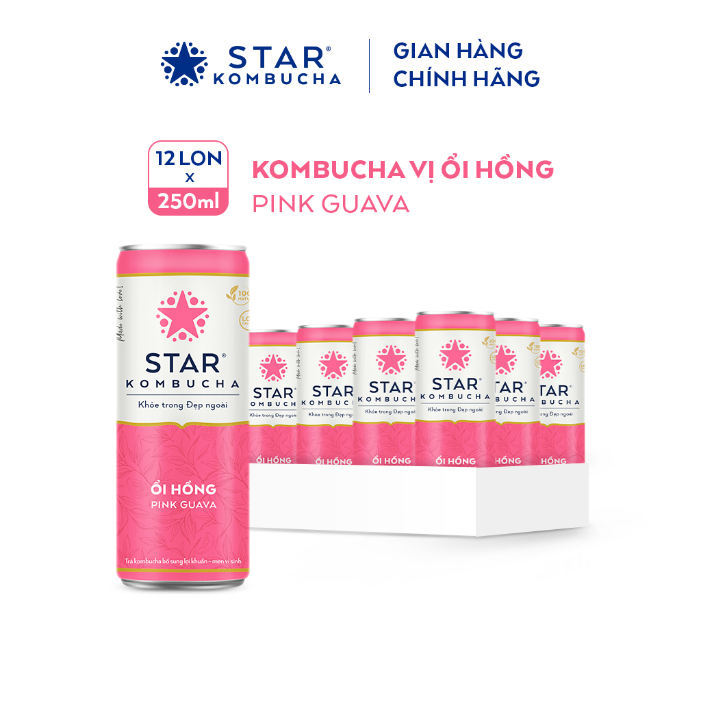 Thùng 12 lon trà STAR KOMBUCHA Ổi Hồng / Pink Guava (250ml/lon)