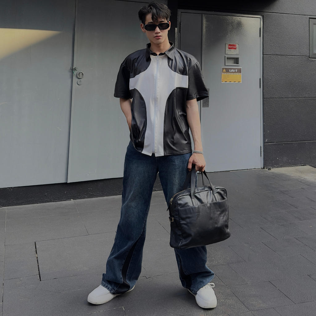 Áo sơ mi nam Luxus chất liệu thun da, Áo sơ mi cộc tay local brand Steve