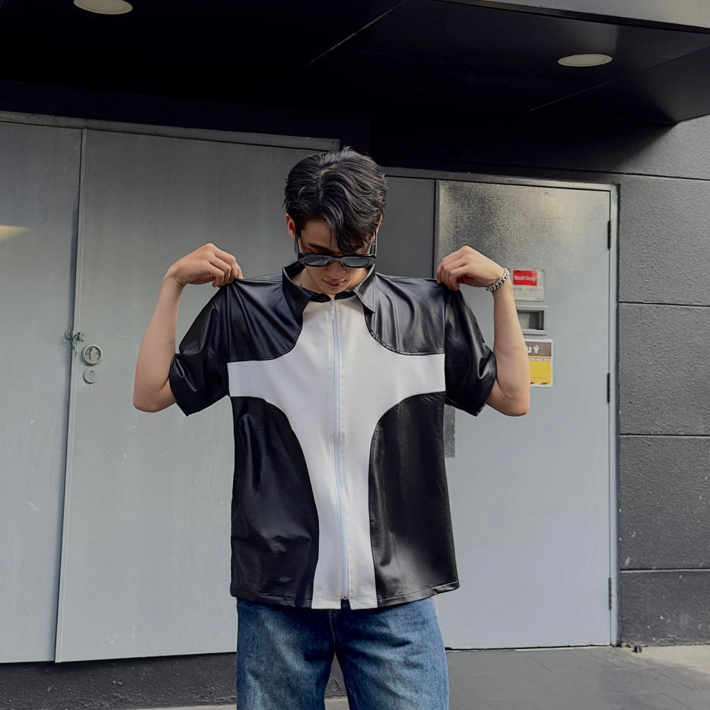 Áo sơ mi nam Luxus chất liệu thun da, Áo sơ mi cộc tay local brand Steve