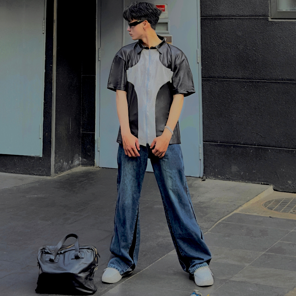 Áo sơ mi nam Luxus chất liệu thun da, Áo sơ mi cộc tay local brand Steve