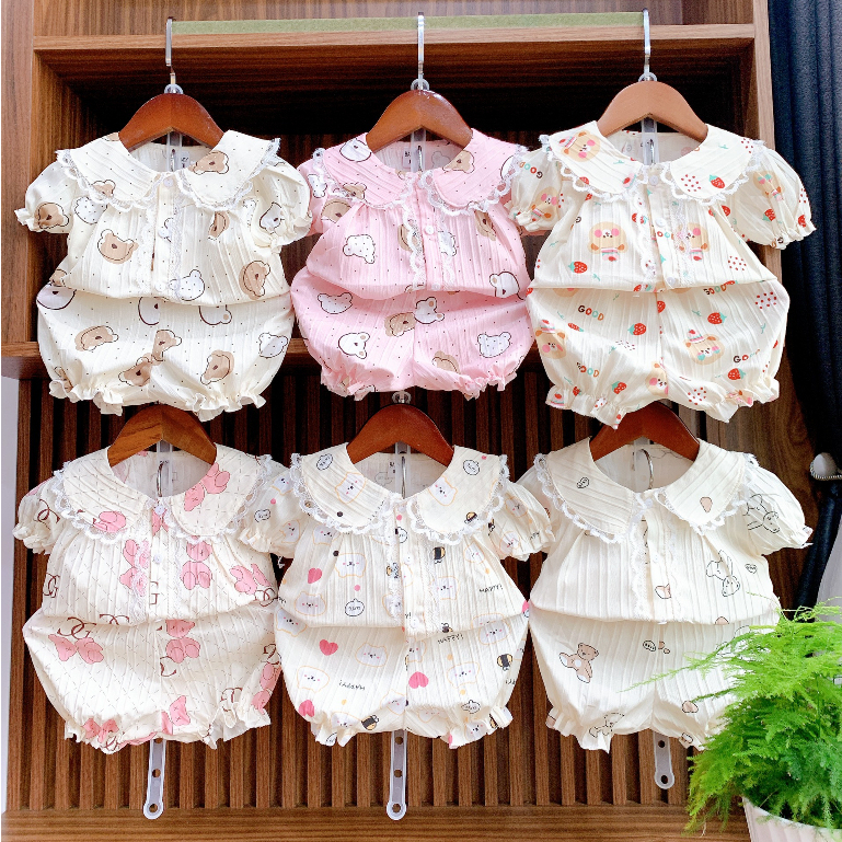 bộ pijama cộc tay cho bé gái in gấu dễ thương