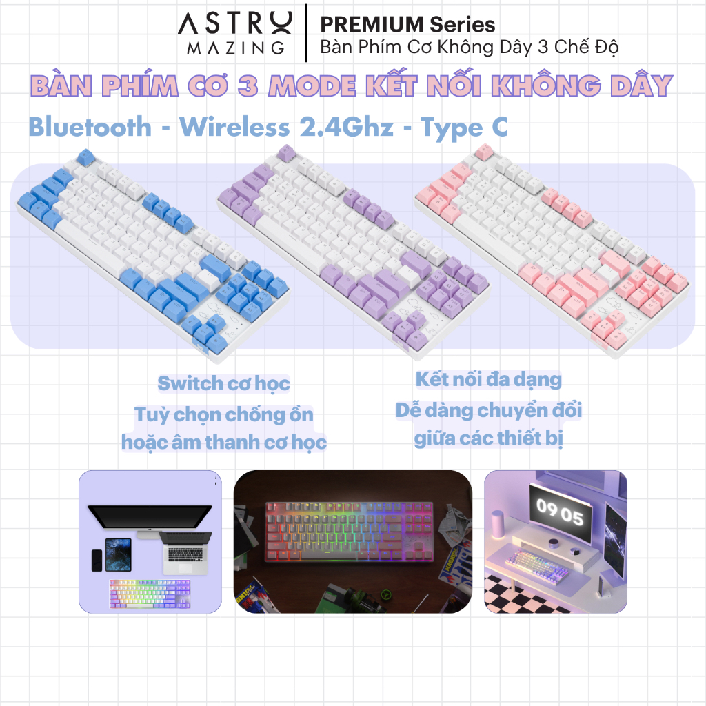 [Phím cơ] Bàn phím Candy Cat Bluetooth AstroMazing x Basic hỗ trợ 3 chế độ không dây 2.4Ghz, sạc nhanh type C