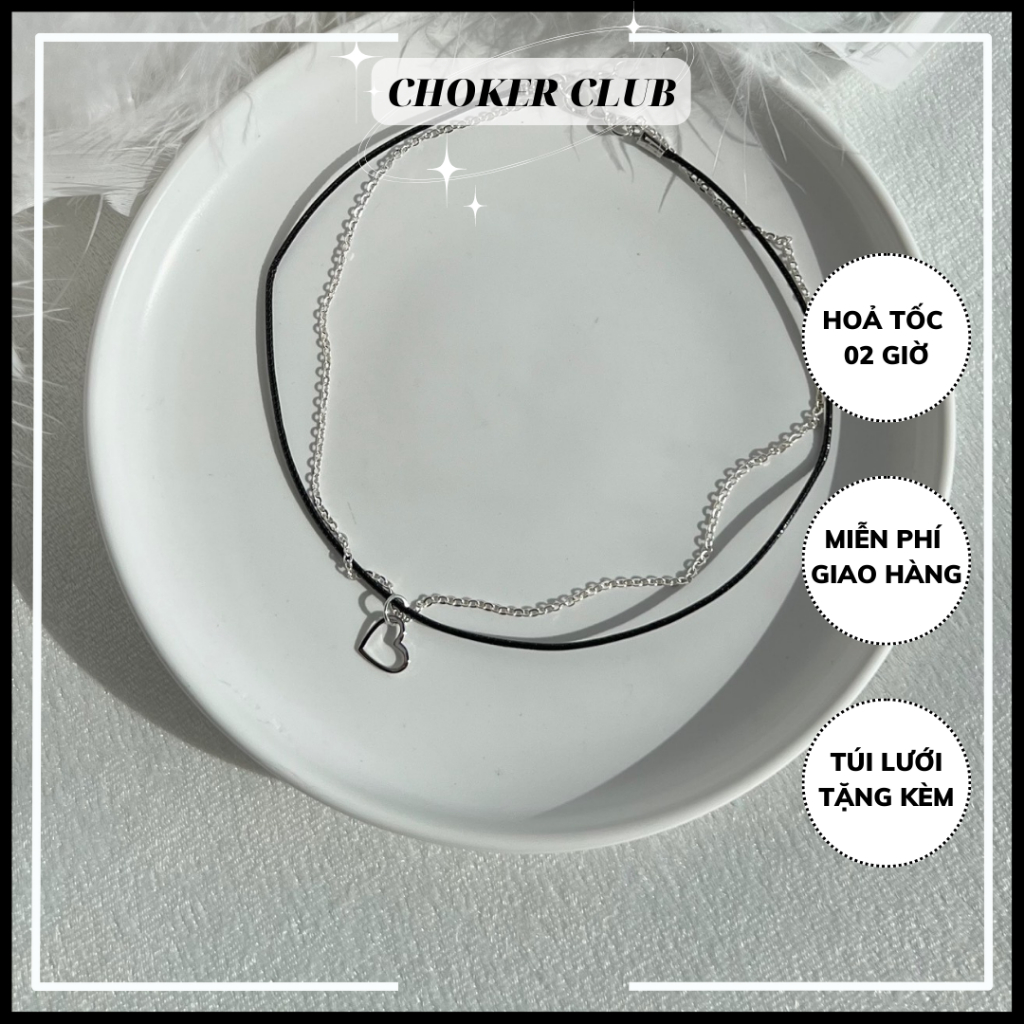 Vòng cổ choker phối dây xích sợi nhỏ mặt trái tim C17 Choker Club