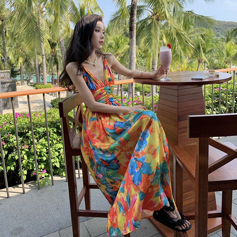 Đầm maxi dáng dài cổ V LUHAZO hở lưng sexy thắt eo tôn dáng nhiều màu sắc phong cách Hàn Quốc