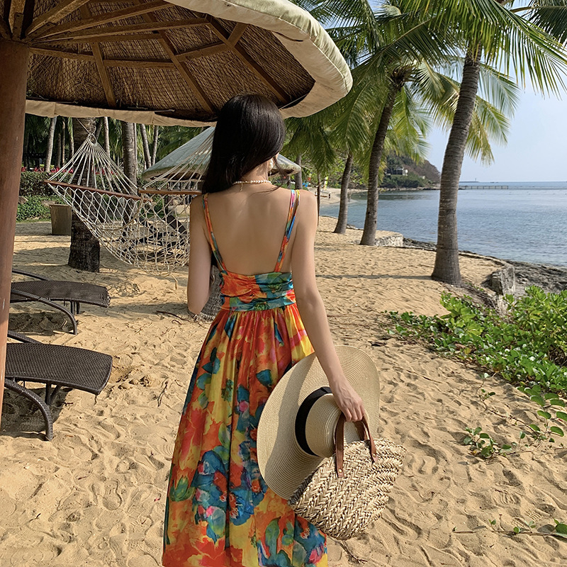 Đầm maxi dáng dài cổ V LUHAZO hở lưng sexy thắt eo tôn dáng nhiều màu sắc phong cách Hàn Quốc