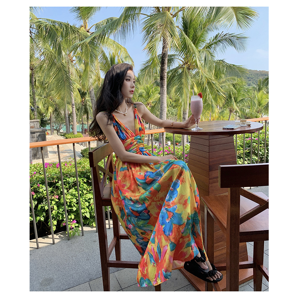 Đầm maxi dáng dài cổ V LUHAZO hở lưng sexy thắt eo tôn dáng nhiều màu sắc phong cách Hàn Quốc