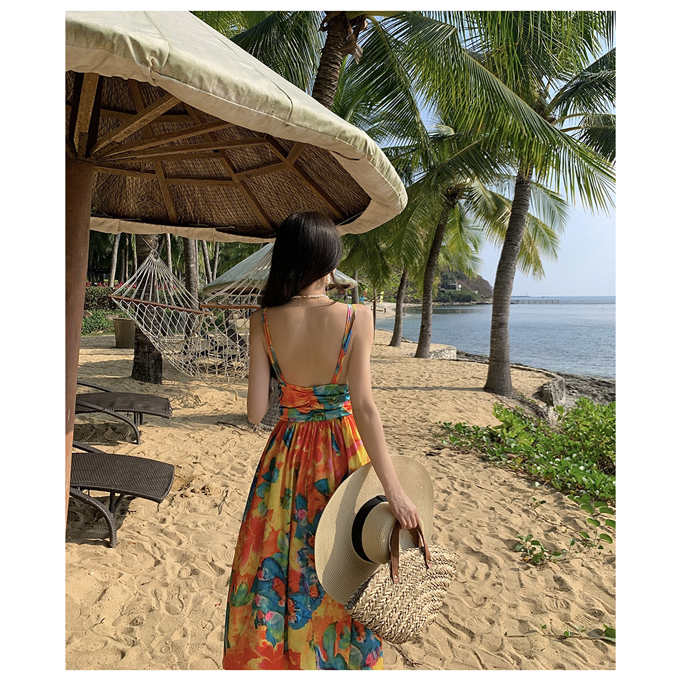 Đầm maxi dáng dài cổ V LUHAZO hở lưng sexy thắt eo tôn dáng nhiều màu sắc phong cách Hàn Quốc