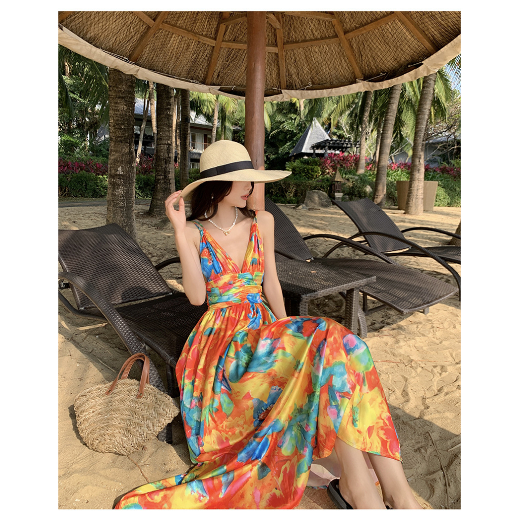 Đầm maxi dáng dài cổ V LUHAZO hở lưng sexy thắt eo tôn dáng nhiều màu sắc phong cách Hàn Quốc