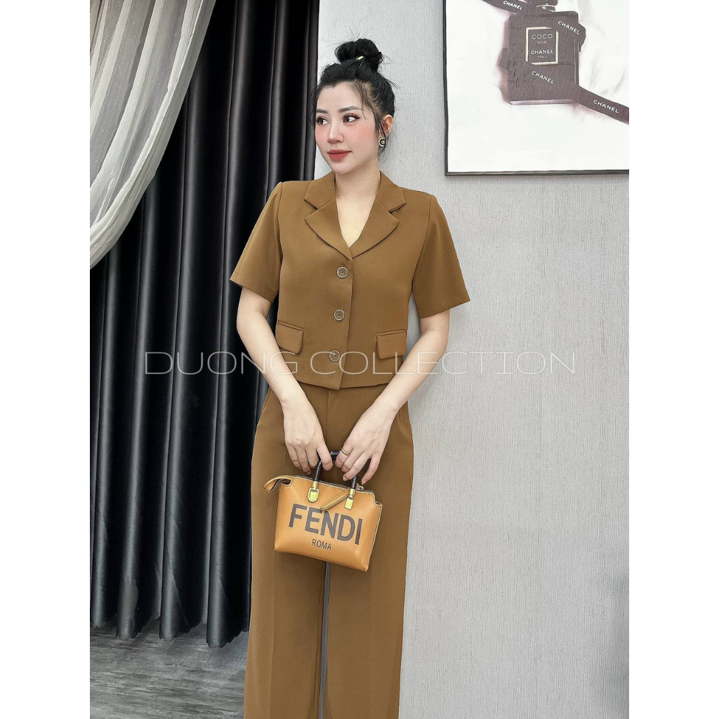 Sét bộ mặc đi chơi sang trọng chất cotton lạnh mini cổ vest croptop túi giả hộp mix quần rộng suông 3 màu