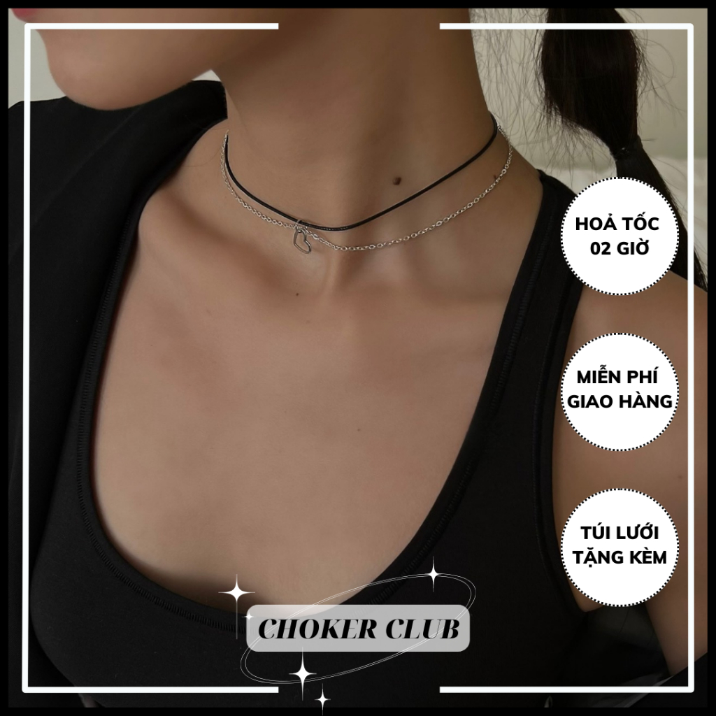 Vòng cổ choker phối dây xích sợi nhỏ mặt trái tim C17 Choker Club