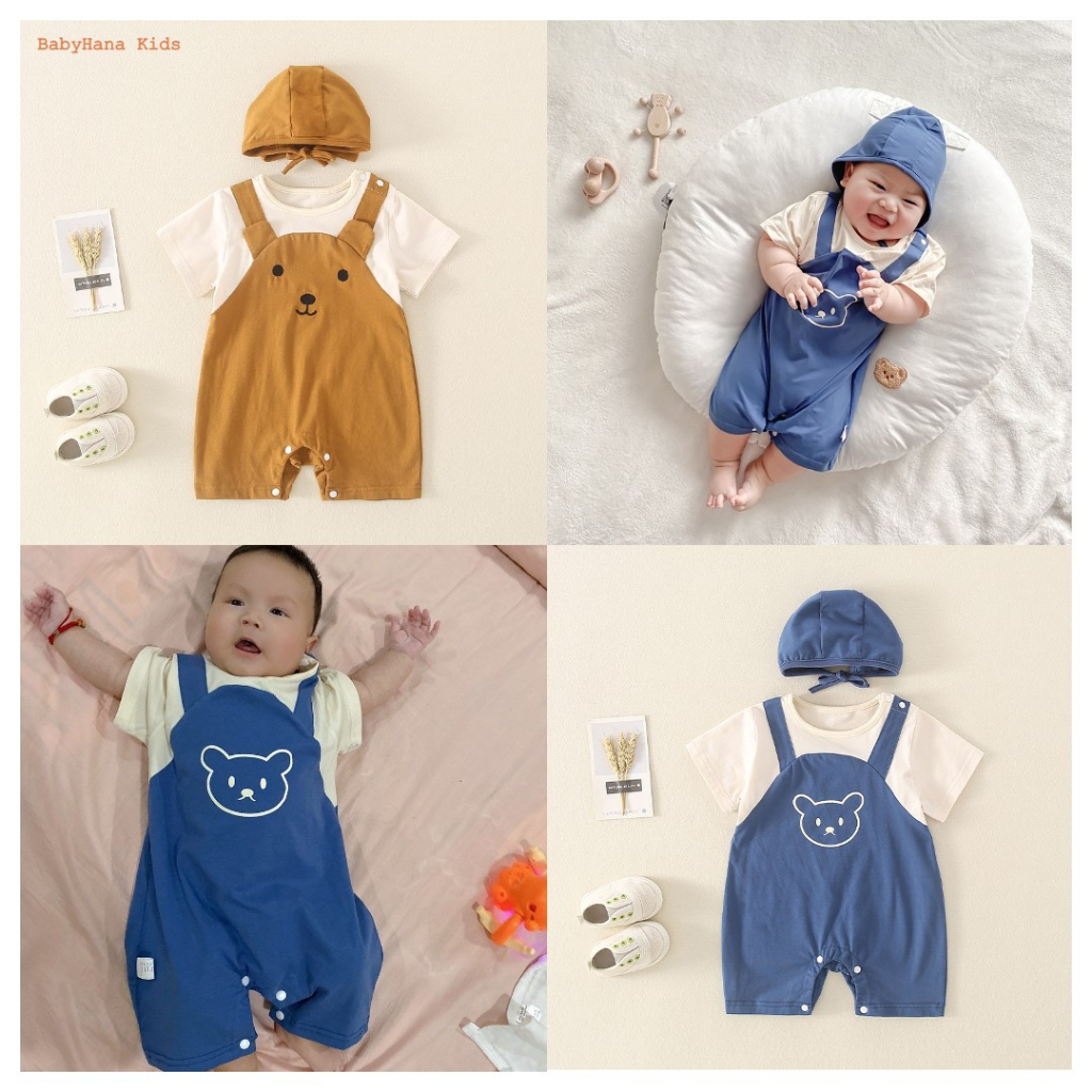 Bộ Bodysuit cho bé, body yếm kèm mũ hình gấu cho bé trai bé gái từ 0-12 tháng