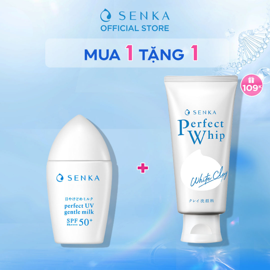 Combo Sữa chống nắng cho da nhạy cảm Senka Perfect UV Gentle Milk A 40ml và sửa rửa mặt Clay 120g