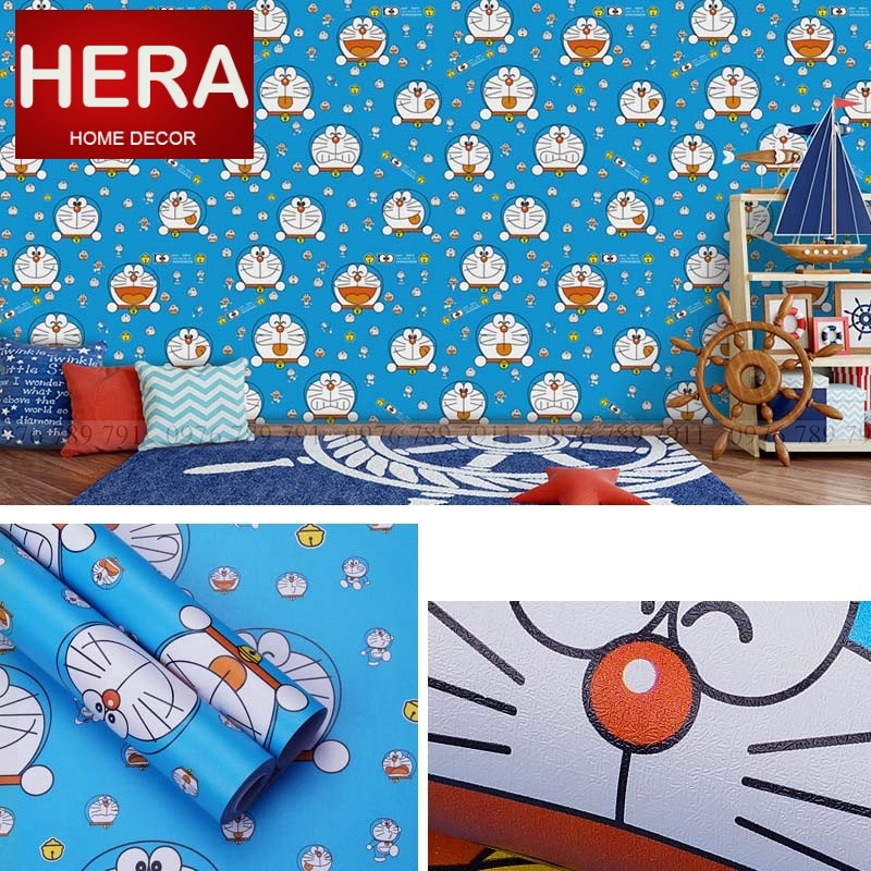 Giấy dán tường phòng ngủ hoạt hình doreamon mặt cười 3d có keo sẵn 10m cute cho bé trai bé gái Hera