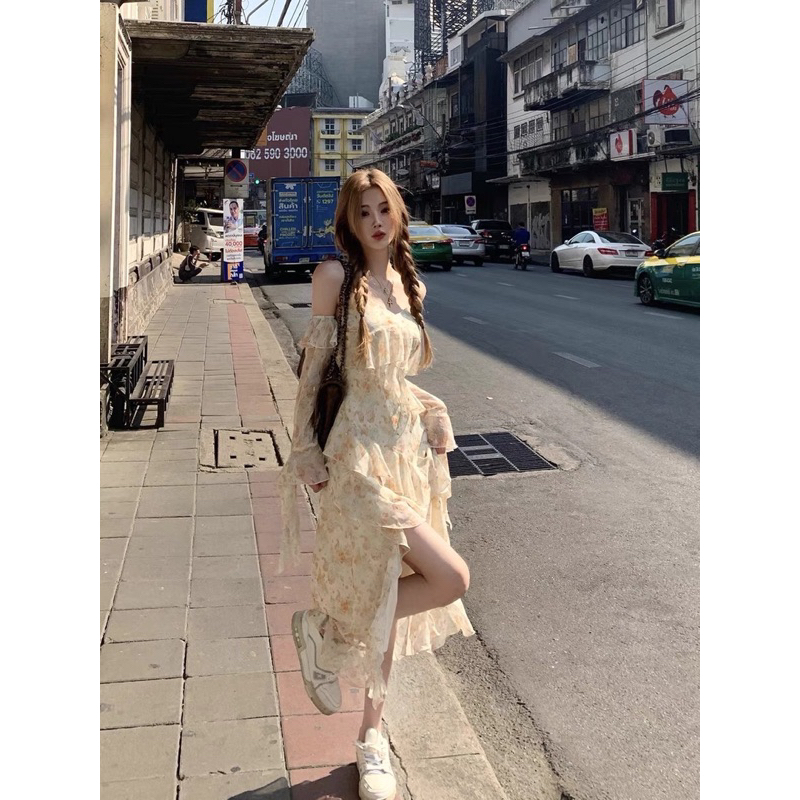 MAXI HOA NUDE 2S CỔ V BÈO NHIỀU BÈO
