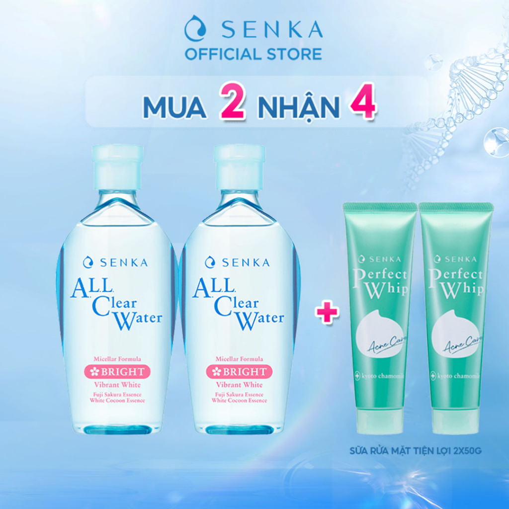 Bộ sản phẩm làm sạch nước tẩy trang Senka All Clear Water Micellar Formula White 230ml x2 và srm collagen 50g x2