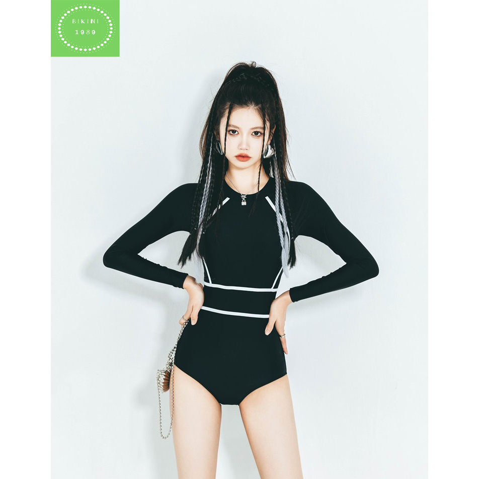 Bikini, Bộ Đồ bơi nữ áo tắm liền một mảnh dài tay viền sọc đen trắng chất thun lạnh hàn quốc kín đáo che bụng cá tính