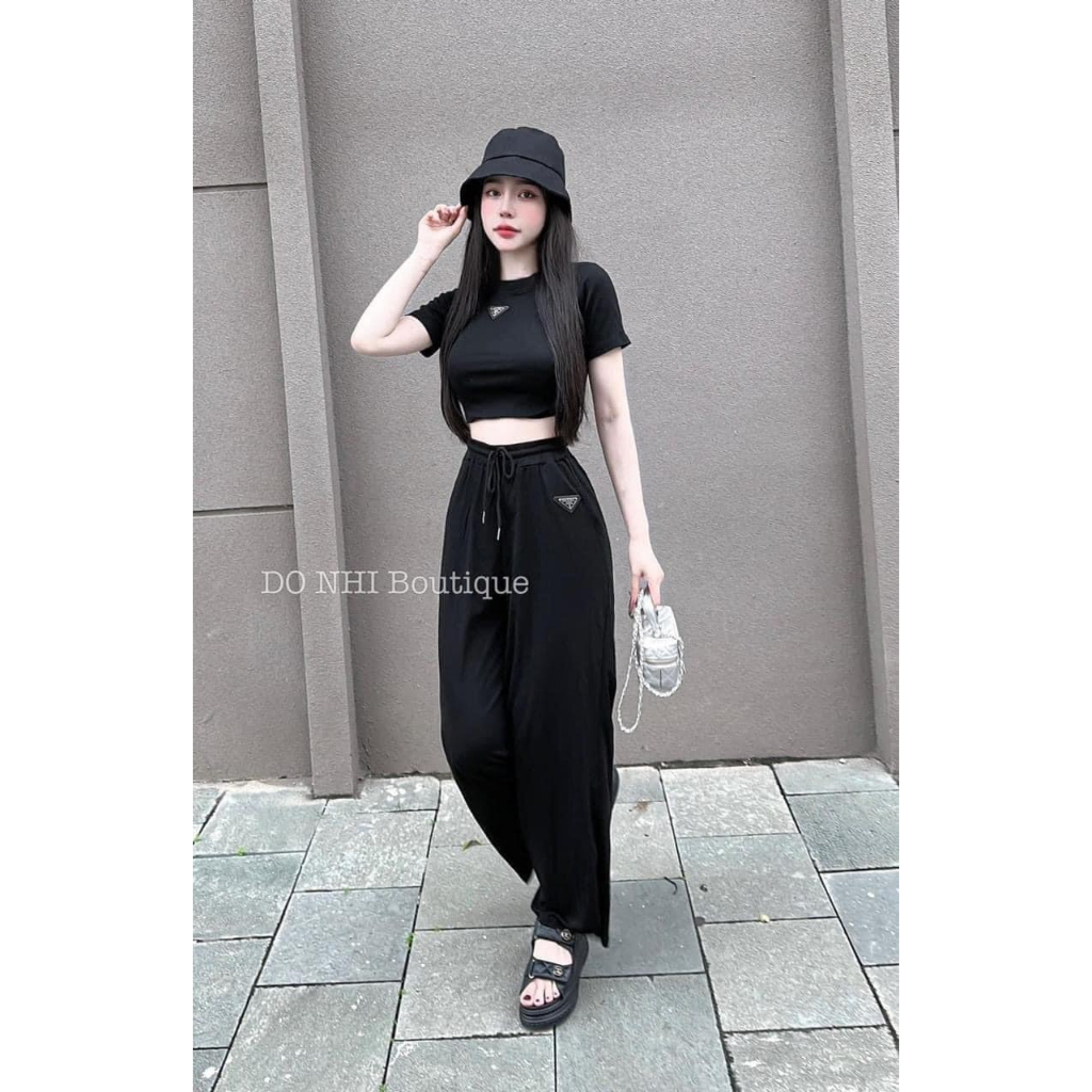 [5.5 Sales Freeship] Set bộ thun nữ quần dài, set bộ thun trơn màu áo croptop in logo mix quấn suông dài cá tính mtb