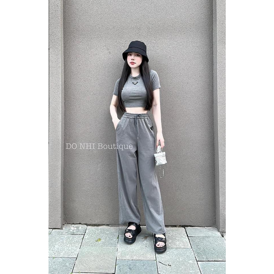 [5.5 Sales Freeship] Set bộ thun nữ quần dài, set bộ thun trơn màu áo croptop in logo mix quấn suông dài cá tính mtb