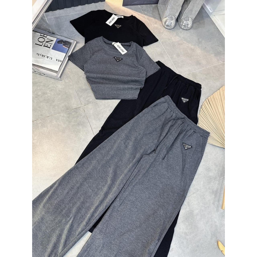 [5.5 Sales Freeship] Set bộ thun nữ quần dài, set bộ thun trơn màu áo croptop in logo mix quấn suông dài cá tính mtb
