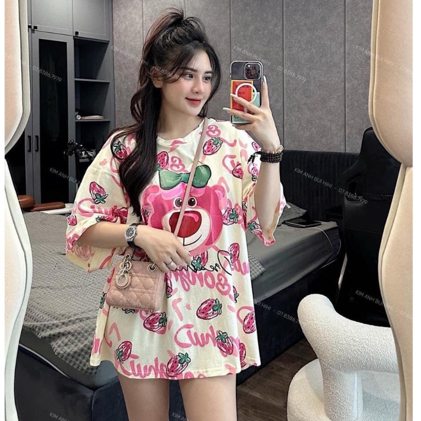 Áo phông áo thun lỡ tay in hình gấu dâu chất cotton dày dặn phong cách Hàn quốc